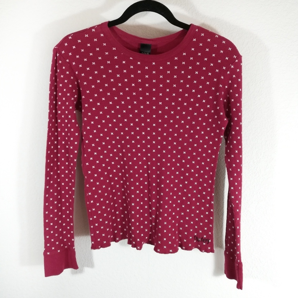 *Hurley Ribbed Red Logo Long Sleeve Shirts Size Large Retro Print